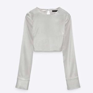 ZARA, bright white satin blouse, french cuffs, beautiful open back that laces up